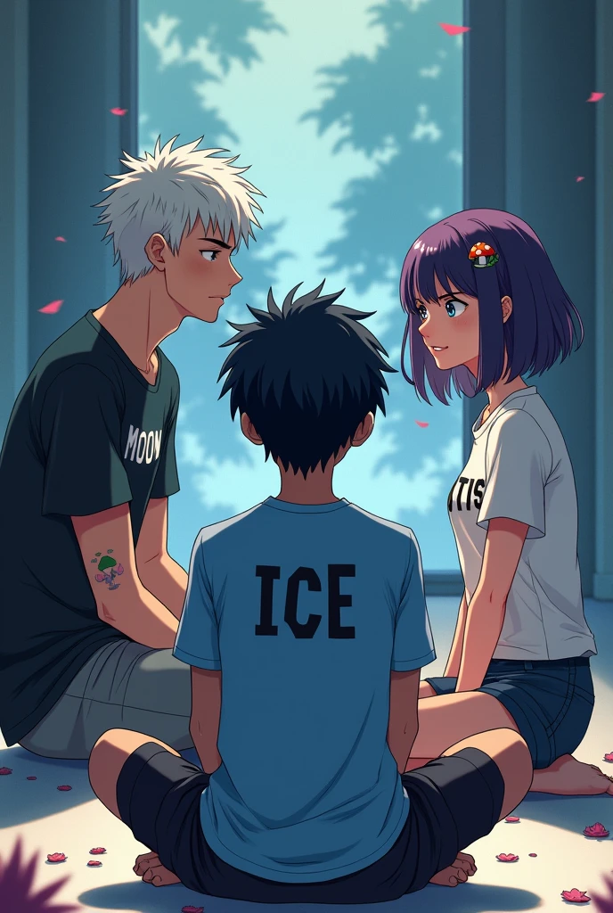 create 3 characters, 1 sitting on the floor and the other 2 looking at him, the one sitting on the floor has a shirt with the name ICE on it, one of the characters looking at him is a white-haired man, handsome and has a shirt with the name moon, the other character is a girl and has a shirt with the name lotus and has a mushroom tattoo, make in anime lines
