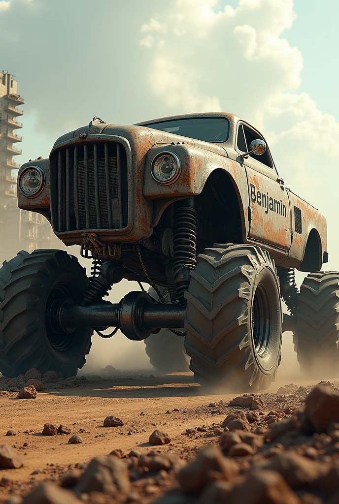 Create an image using monster cars , put the name "Benjamin"