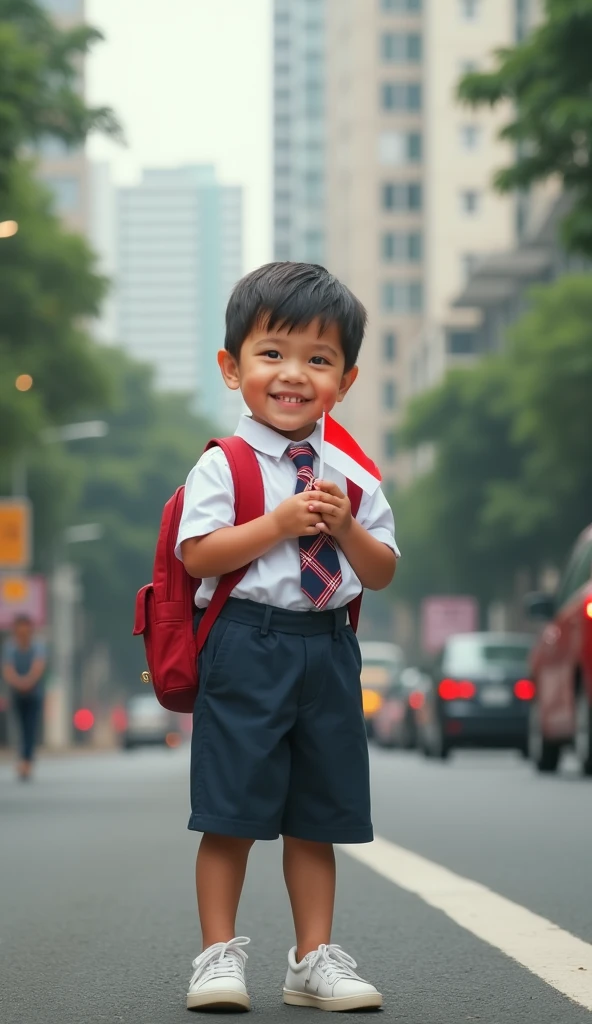 Realistic of Indonesian boy ,soft smile,He is wearing a preschool uniform,tie,bag,white shoes, and holding an Indonesian small flag.street,jakarta city ,indonesia,high resolution 