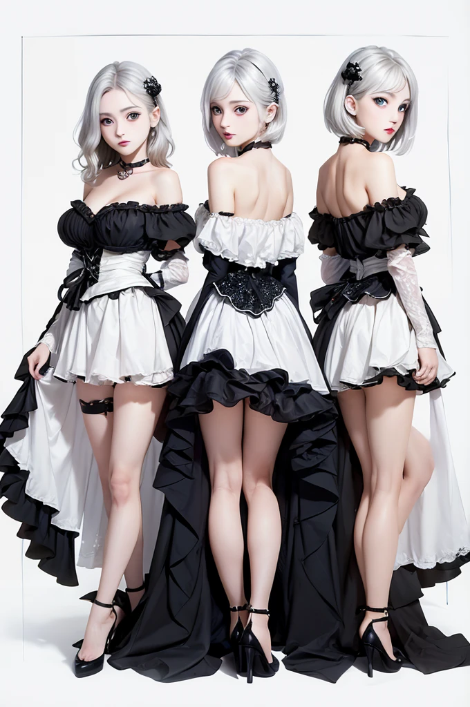 ((Masterpiece)), (highest quality))), (Character design sheet, national costume, same character, front, side, back), illustration, 1 girl, full body, silver hair, eye hair, beautiful eyes, princess cut, environmental change scene, short skirt, shyness, woman, girl, standing, goth , V-tuber, chartaan betarola, (simple background, white background: 1.3) ( Masterpiece:1.2), (Best Quality:1.3), (2heads:1.5)