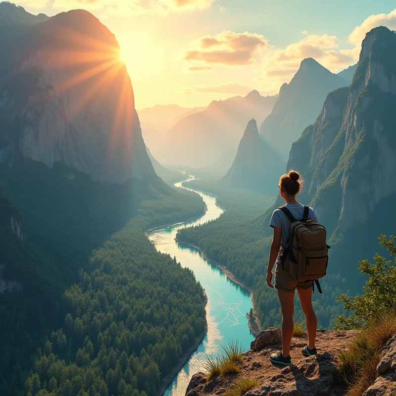 "A vibrant profile photo for a travel-based YouTube channel called 'IZA's Journey.' The image should feature a young traveler with a backpack, standing at the edge of a scenic cliff, overlooking a vast, beautiful landscape with mountains, forests, and a winding river. The sky is clear with a warm, golden sunset casting a soft glow on the scene. The traveler is facing away, capturing a sense of adventure and exploration. Include subtle global elements like a faint map outline or compass in the background, blending naturally with the scenery. The text 'IZA’s Journey' should be incorporated at the bottom, using a stylish, travel-themed font in a color that complements the overall image."