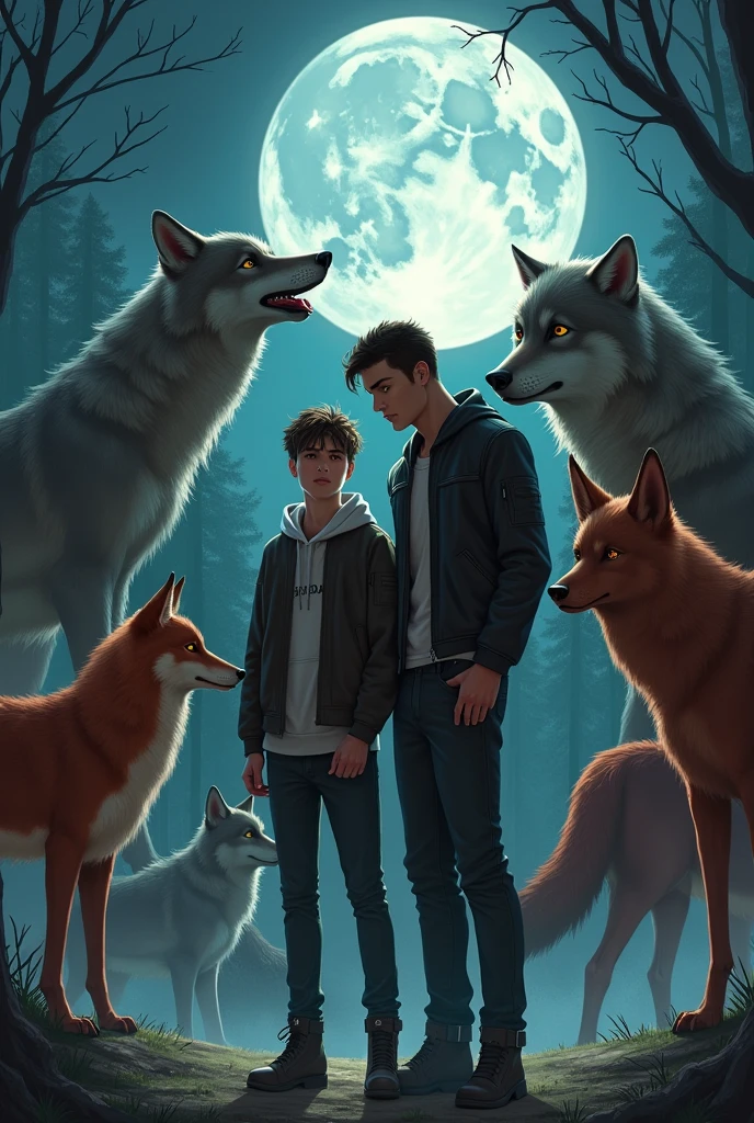 A teenager named Stiles with fair skin and brown hair, wearing a hoodie next to a 2 man taller than Stiles and muscular, with tanned skin tone and black hair, wearing a black leather jacket, they are surrounded by 4 giant wolves and 1 giant red fox with 2 tails, under the light of the full moon 