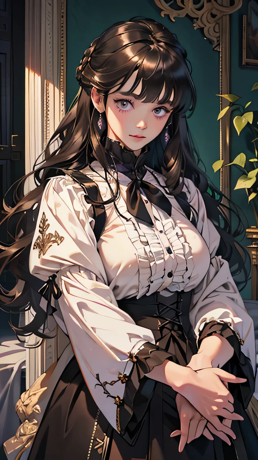 {(best quality, 8k, masterpiece, HDR, soft lighting, perfect image, digital illustration, manhwa art, hyper detailed image, perfect lines, realistic)} close-up shot of 1 very beautiful woman with long dark brown hair with bangs and violet eyes, wearing black modest Victorian dress with violet embroidery, (content expression), {(inside 1800s mansion background)}, (perfect hands)