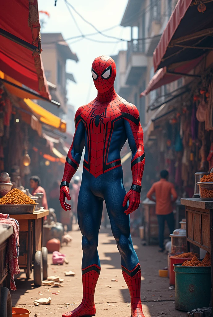 Spider man standing indian Street Market