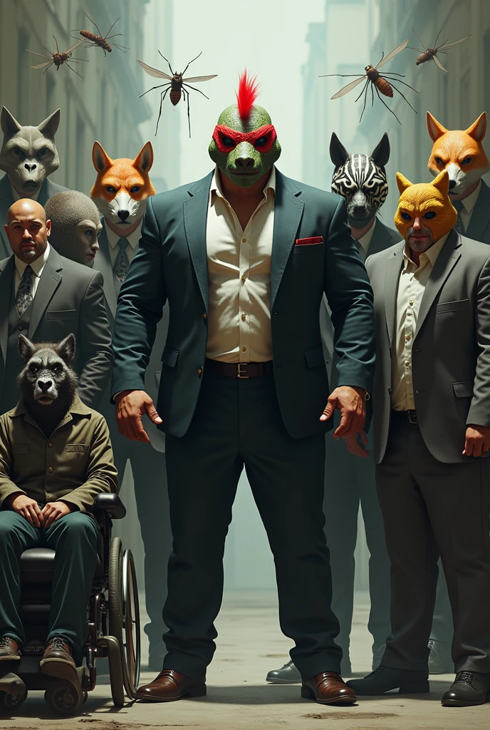 Muscular man in a suit torn by his muscles with a turtle mask with a red crest surrounded by three men to his right each wearing fox masks,mosquito and gorilla on his left side three other men, one with a zebra mask, another with a vulture mask in a wheelchair