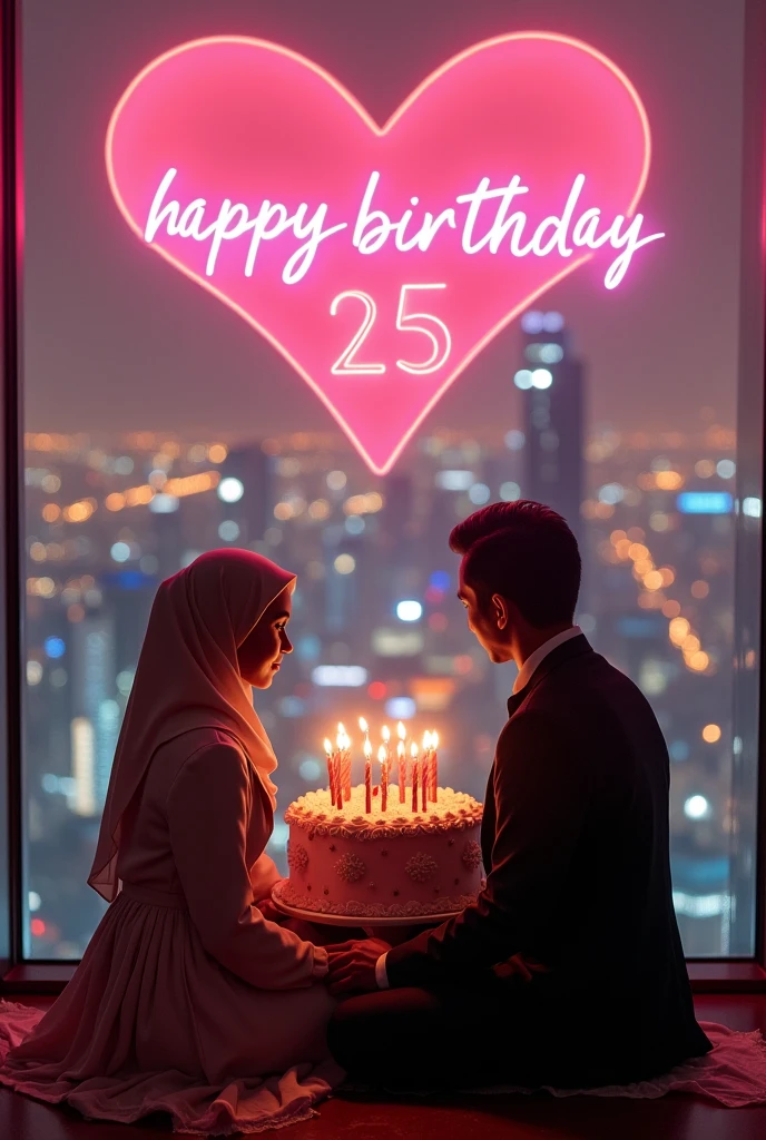 A photo of a birthday party in a skyscraper with city lights. There are two people sitting closely together in front of a large birthday cake. The woman is wearing a hijab and a formal dress, while the man is wearing a suit. The cake has 25 lit candles and the text "Happy Birthday [SEPTI SULISTIYANI]". The background contains tall buildings and the sky is glamour pink party.