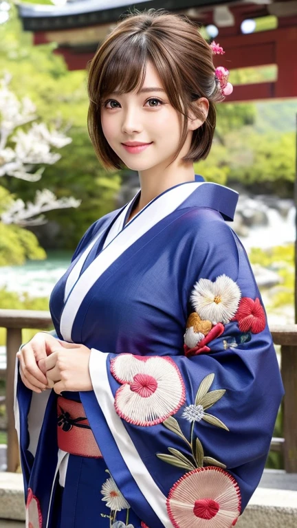(8k, RAW Photos, Highest quality:1.2), (reality, reality的:1.4), (非常に詳細な8kwallpaper)、Sharp focus, Cinema Lighting, 細部までBeautiful Eyes, Asymmetrical bangs, Glowing Skin, Highly detailed skin ,High resolution, Attention to detail, Detailed hairstyle, Detailed beauty face, Hyper Real, Perfect limbs, Perfect Anatomy ,1 Japanese girl,Famous idols of Japan, Perfect female body,smile,short eyelashes,double eyelid、Look straight here,Stand up straight and face me, whole body ,,look straight at me,Streets of Europe、Tabletop、wallpaper、reality的、Bright lighting、Professional Lighting、Face Light Smooth Lighting、Japanese women、Beautiful woman、action、gravure、Sexy、so beautiful、Beautiful Skin、Beautiful and detailed、Detailed face、slim、moderately、((short hair))、((Brunette Hair))、Brown eyes、Looking into the camera、Small Bust、Pretty face,, smile, Hot spring background for hot spring inn, 超High resolution, Backlight, Top-down angle,whole body、Accurate 5 fingers, software , Bony body, Japanese women, One person, Perfect body, 超Detailed face, Detailed lips, Beautiful Eyes, double eyelid, Light brown hair, Asymmetrical hair, Asymmetrical bangs, Messy Hair,(High-quality yukata in vibrant colors:1.3), (Gorgeous embroidered kimono:1.3)、(You can see the torii gate.)