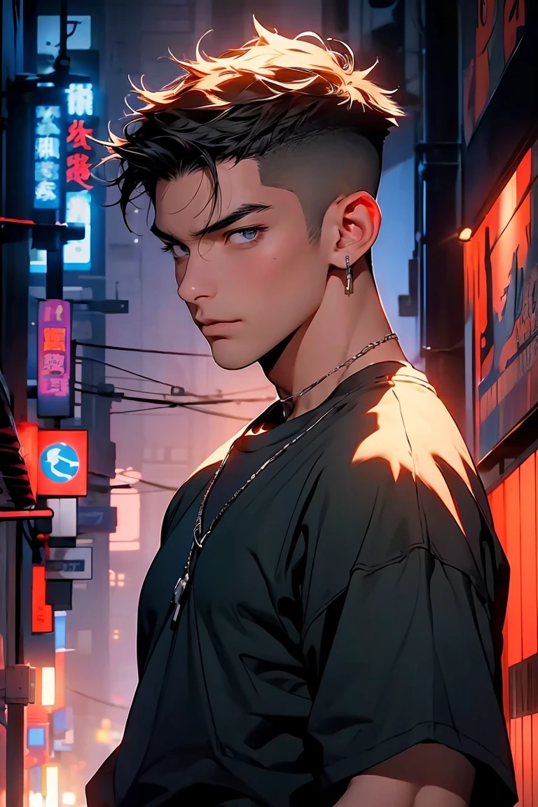 Highest quality, 8k, High-resolution images, Anime Style Jujutsu Kaisen, Fine strokes, Slightly tanned skin, Blurred, The purple light reflecting off, (Close Angle), 1 person, young, male, model, かっこいいmale, Muscular, Shaved body, smile, profile, View from the side, blue eyes, brown very short hair, Brown Hair, short hair, Hairstyle: undercut, I slicked my hair back., my chest is swollen, He is wearing a white T-shirt jacket, Link Chain, Black sweatpants, Hands in pockets, 金のLink Chain. background: city, 大都cityの通り