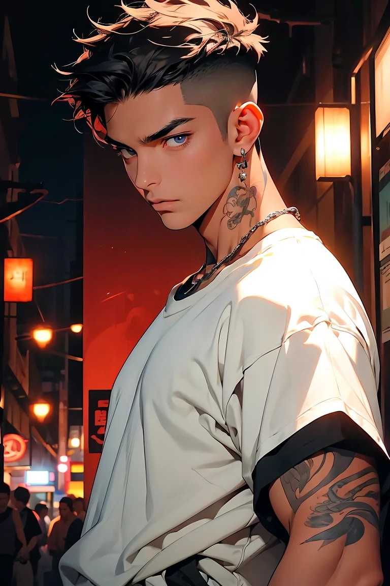 Highest quality, 8k, High-resolution images, Anime Style Jujutsu Kaisen, Fine strokes, Slightly tanned skin, Blurred, The purple light reflecting off, (Close Angle), 1 person, young, male, model, かっこいいmale, Muscular, Shaved body, smile, profile, View from the side, blue eyes, brown very short hair, Brown Hair, short hair, Hairstyle: undercut, I slicked my hair back., my chest is swollen, He is wearing a white T-shirt jacket, Link Chain, Black sweatpants, Hands in pockets, 金のLink Chain. background: city, 大都cityの通り