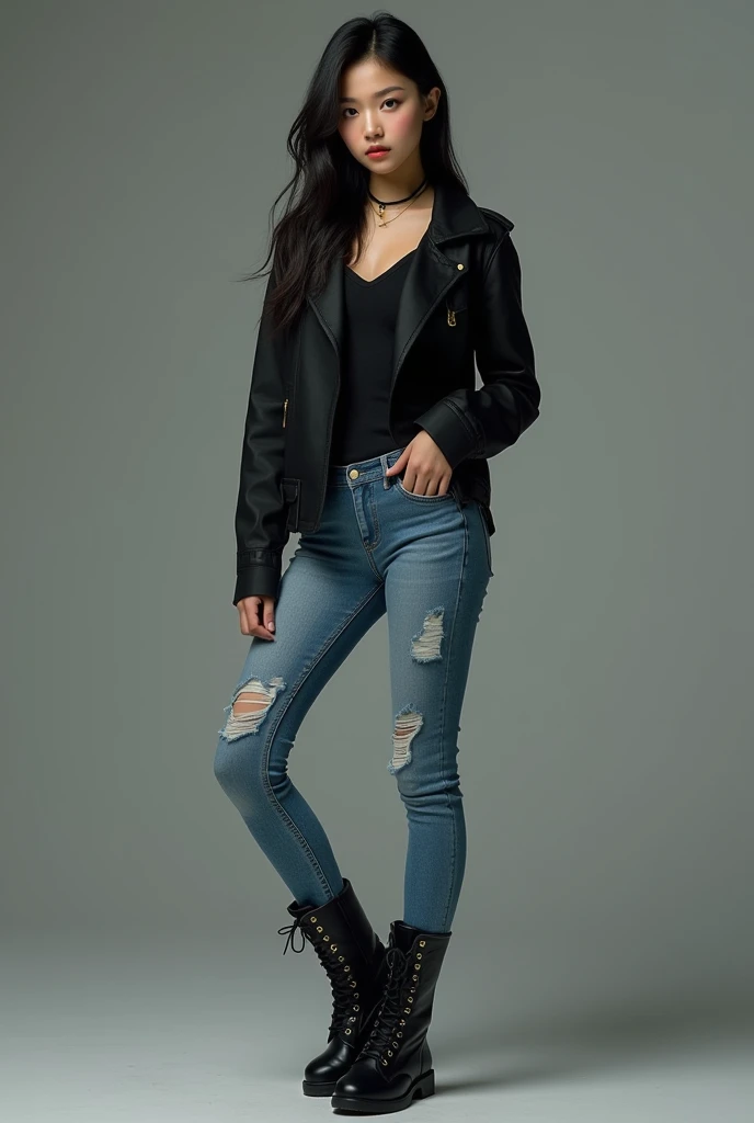 Asian girl wearing tight jeans and black boots.