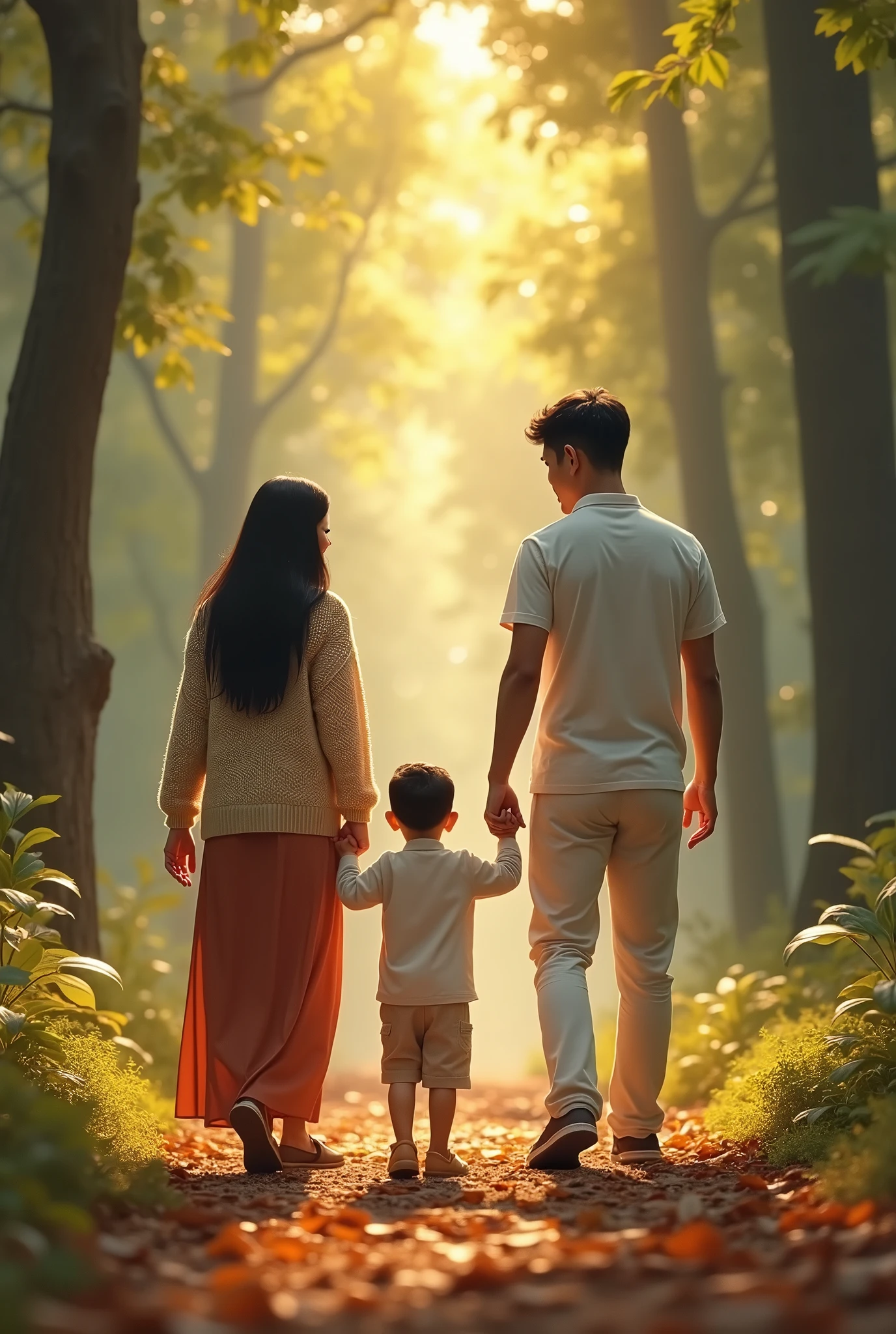 High Resolution, Masterpiece, Accurate, Best Quality, Detail, High Details, High Quality. A 2 Indonesian wife, long dark hair, white skin, height: 155 cm, weight: 45 kg. A 30 year old indonesian husband, short dark hair, white skin, height: 160 cm, weight: 55 kg. A boy with short hair, white skin, height: 95 cm, weight: 13 kg. The image shows a young family of three walking in a forest. The family consists of a mother, father, and their young son. The mother is on the left side of the image, wearing a beige cardigan and white pants, and the father is in the middle. The son is in front of them, holding hands with the mother and father. They are all smiling and looking at the camera. The background is filled with tall trees and the ground is covered in fallen leaves. The sun is shining through the trees, creating a warm glow on the family.