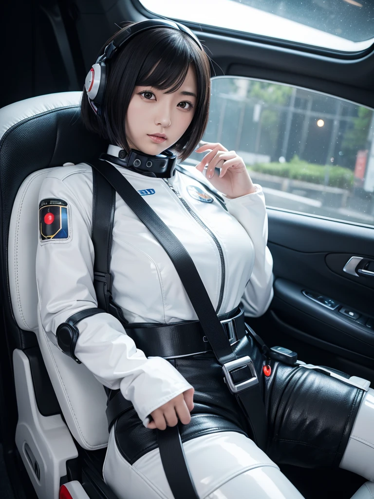 Japanese female android,Black Hair,Space capsule,The person is completely secured in the seat with the backrest reclined by a thick harness belt.,Plump,Spread your legs,Squat,Shiny white robot suit,Surrounded by switches and monitors,