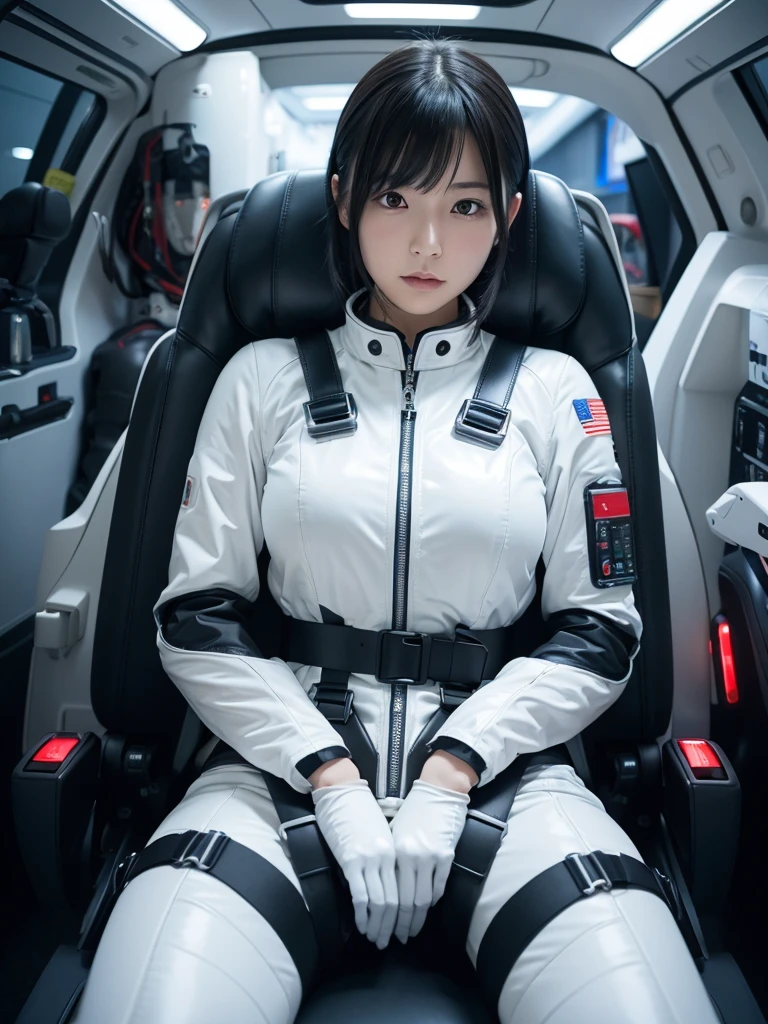 Japanese female android,Black Hair,Space capsule,The person is completely secured in the seat with the backrest reclined by a thick harness belt.,Plump,Spread your legs,Squat,Shiny white robot suit,Surrounded by switches and monitors,