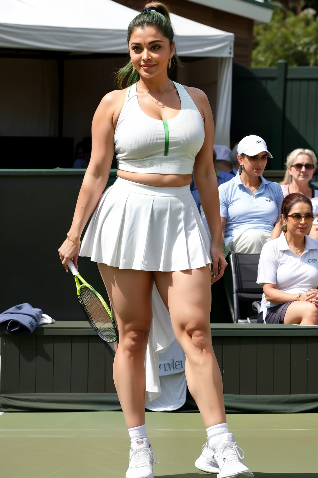 Full body photo of 50YO MATURE MILF AISHWARYA RAI as SEXIEST TENNIS PLAYER, ((COMPLETE WHITE MICRO MINI SKIRT AND STRING TOP EXPOSING BARE BACK)), ((FLIRTATIOUS MOCKING SMILE)), ((ponytail green COLOURED hair)), ((SHOWING HER BACK IN WIMBLEDON CENTRE COURT)), day scene, ((curvaceous mature hourglass figure)), soft volumetric lights, intricate details, (ArtStation:1.2)