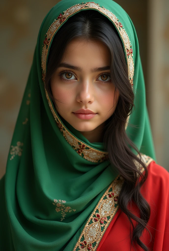 Beautiful girl she have white skin wareing saree and also waering hijab her eyes is beautiful her saree is green and red 