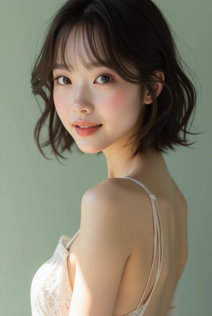(Best Quality:1.5), (masterpiece:1.5), (realist:1.5), Very detailed, High resolution, 8k, cute japanese woman (naked) (unclothed), pretty 2 beauty, (big breasts), thin lips, detailed face, Beautiful and elegant face, beautiful face, Natural bangs, arched eyebrows, well-groomed eyebrows, (Large eyes with a good balance between the left and right sides.), cute eyes, pretty eyes, Beautiful thin nose, beautiful face line, (beautiful skin), medium hair, (Natural bangs), (looking at the camera with a gentle smile), nice legs, soft skin skin, White skin, (Skinny body:1.5), (natural light:0.8), (forward lighting:0.8), (front lighting:0.8), (flat lighting:0.8), gentle smile, Detailed fingers, beautiful hands, (round face:1.4), (legs apart:1.5), pose sexy, (beautiful neckline), (sexy lace panties:1.5), feel, (under the chest:1.4), ((top-less)),
