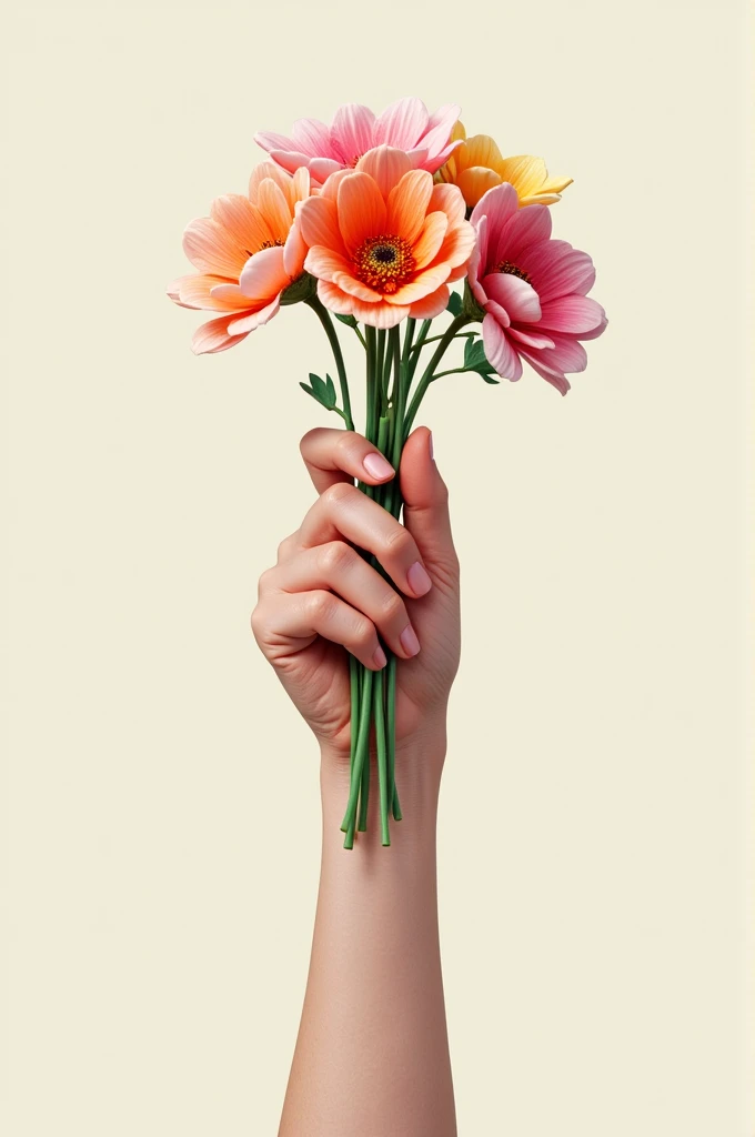 A veiny hand of a boy with a flower bouquet held downwards 