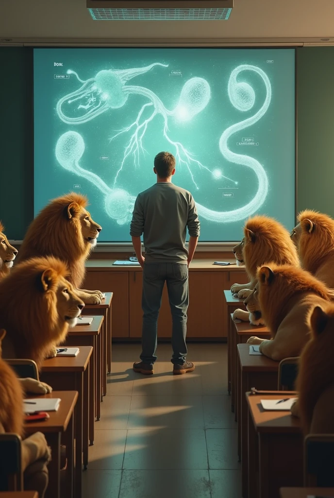 A classroom with digital board a man teach 30 lions the subject is biology topic is reproduction
