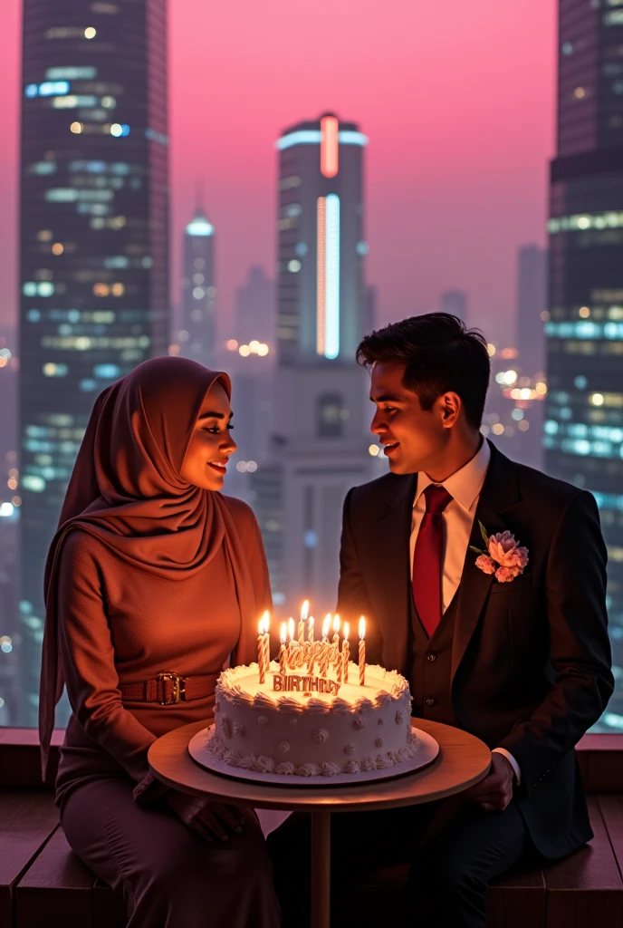 A photo of a birthday party in a skyscraper with city lights. There are two people sitting closely together in front of a large birthday cake. The woman is wearing a hijab and a formal dress, while the man is wearing a suit. The cake has 25 lit candles and the text "Happy Birthday [SEPTI SULISTIYANI]". The background contains tall buildings and the sky is glamour pink party.