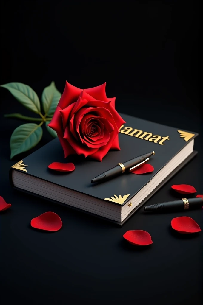 3d On top of a black diary Jannat name is written in golden color bold letters,there is a red rose on the pass and some sign pens around it,black background,realistic
