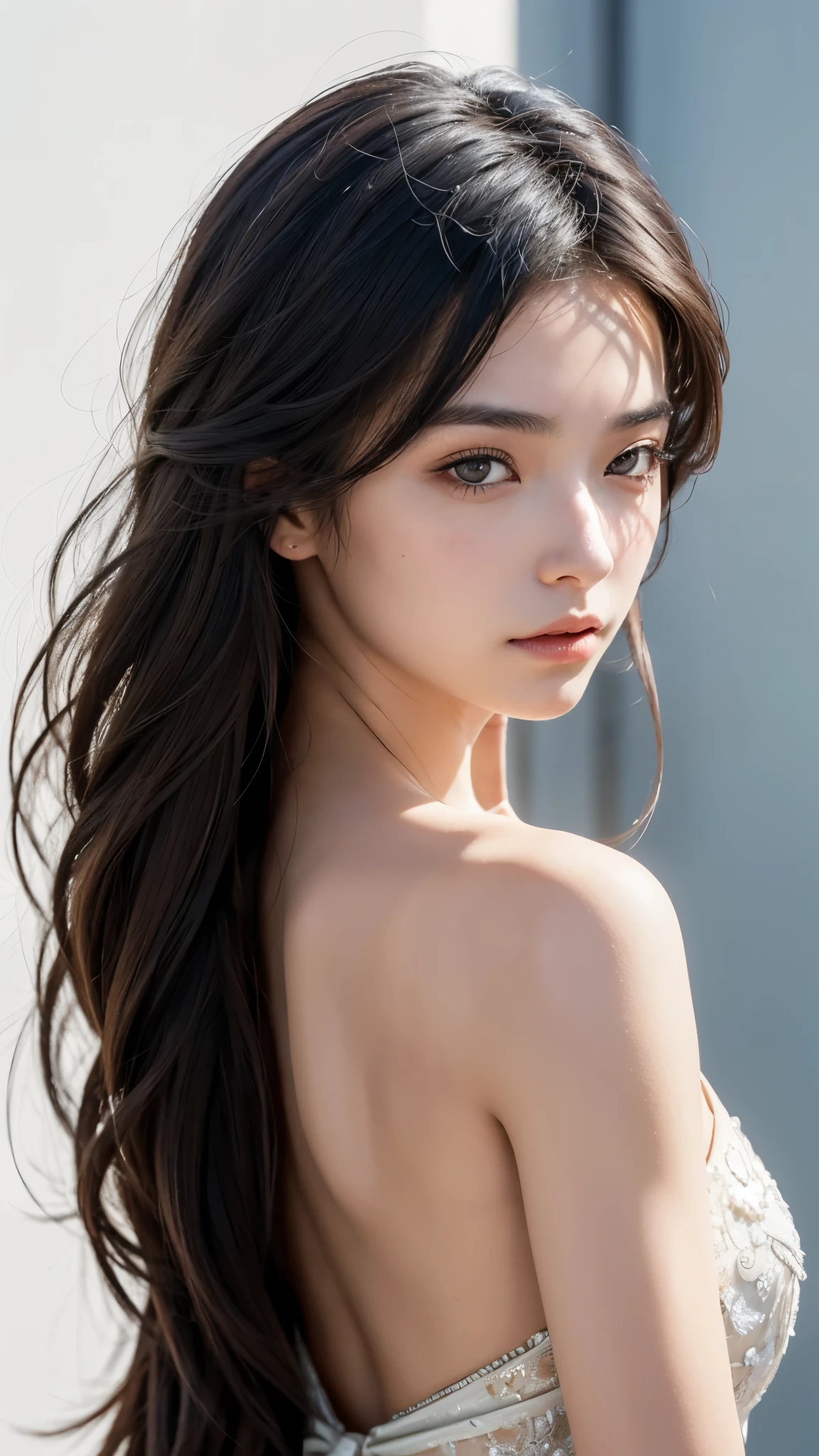 a highly detailed, incredibly realistic, masterpiece portrait of a beautiful young woman with a large bust, a stray lock of hair covering one eye, exposed bare shoulders, and a focused close-up on her face and eyes against a bright white background, with a slight contrast and sharpness, (focused on her face:1.3, close-up on her eyes:1.3), ((from behind:1.3)), her hair flowing in the wind, exquisitely detailed, high resolution, with a tactile skin texture