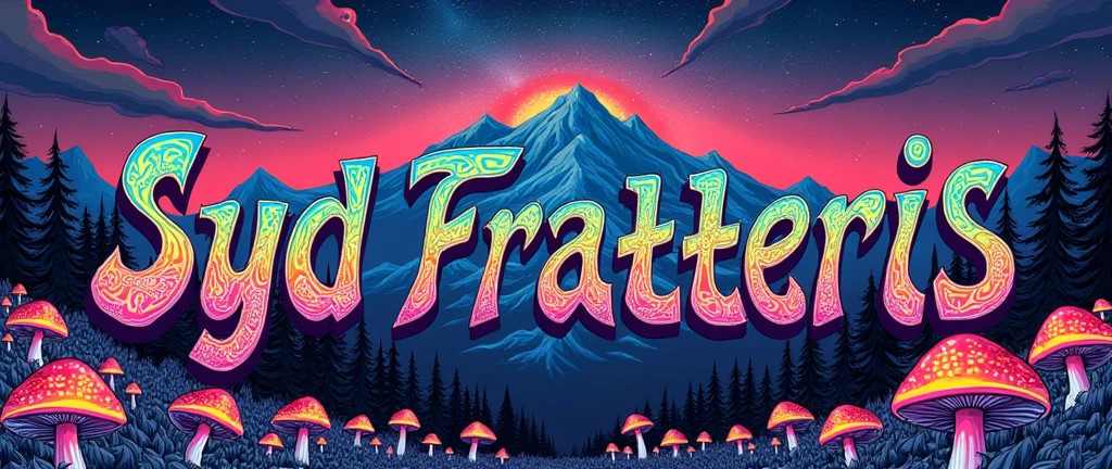 A poster for a psychedelic rock metal band called Syd Fratteris but I want it to have the name of the band with psychedelic letters. It has to have hallucinogenic mushrooms and mountains in the distance.