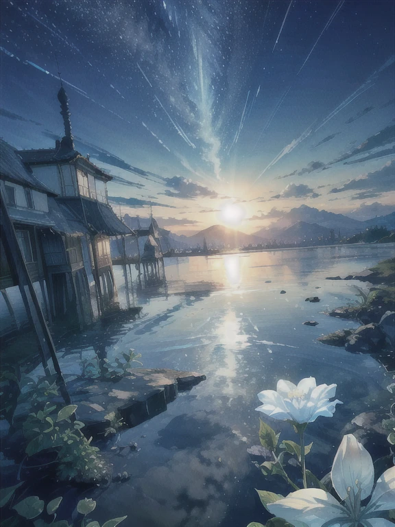 beautiful、ephemeral、Silver Marble Skin、hope、Highest quality、bright、masterpiece、landscape、Magical atmosphere、blue、crystal flower、Extend your hand to the sky、pastel colour