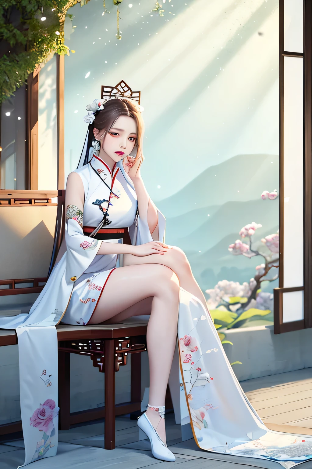 A woman in a white dress is sitting on the floor，White Hanfu，palace，Girl wearing Hanfu，Hanfu，Dressed in ancient Chinese costumes，Gurwitz，Ethereal Beauty，Guttweiz-style artwork，Beautiful fantasy queen，Chinese traditional clothing，Chinese clothing，Chinese traditional，Light milky white porcelain skin，Ordinary girl&#39;s bare feet and hands，Show your butt