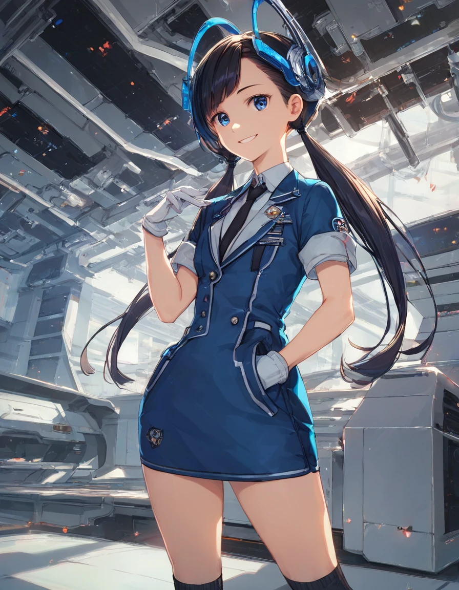score_9,score_8,score_7,2D, masterpiece, Highest quality, anime, Highly detailed face, Highly detailed eyes, Highly detailed background, Perfect lighting, Cowboy Shot, One girl, alone, Aki Rosenthal, Collared dress, Short dress, Short sleeve, Blue jacket, Black knee socks, Hair loss, Long Hair, Low twin tails, Bobcut, tie, headgear, White gloves, Elbow hand pockets, Wide Hips, smile, Are standing, Inside the spaceship
