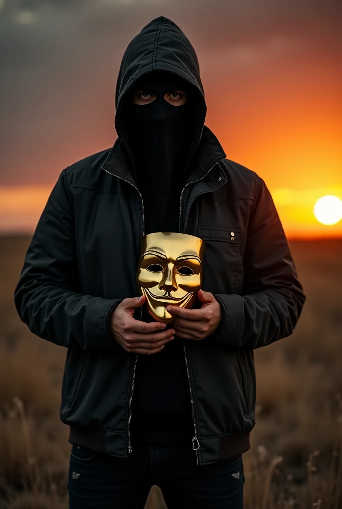 A guy wear black jacket black jeans wearblack robber mask he hve a golden mask in his hands sunsets dark orange sky 