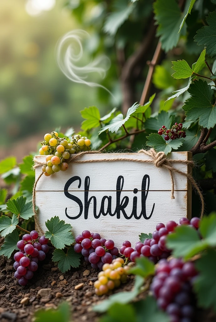 Create a real naturalpicture which shows
thecrafted out of white wooden
name "SHAKIL"
tied together with twine and his up,branches
down is green leave grapevines, leaves, and
colourful
grape clusters like underline There is a
wisp of smoke or mist rising from the top
leftcorner, adding a mysticalor naturalistic touch
tothe design 8k ultra quality picture