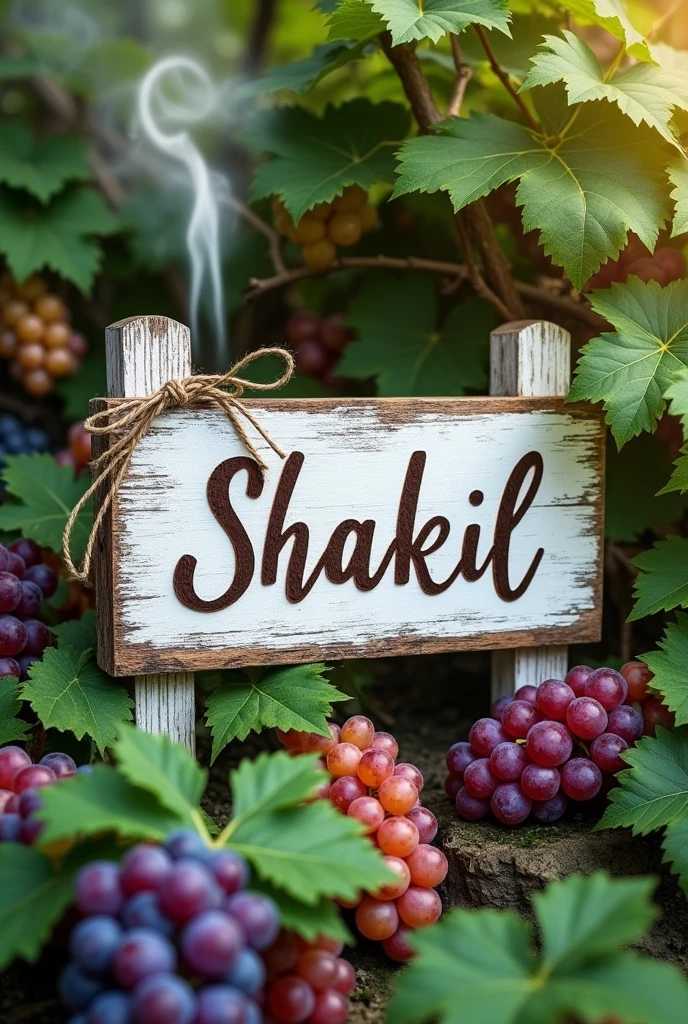 Create a real naturalpicture which shows
thecrafted out of white wooden
name "SHAKIL"
tied together with twine and his up,branches
down is green leave grapevines, leaves, and
colourful
grape clusters like underline There is a
wisp of smoke or mist rising from the top
leftcorner, adding a mysticalor naturalistic touch
tothe design 8k ultra quality picture