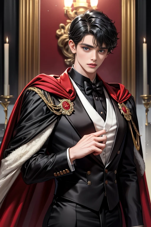 masterpiece, 最high quality, high quality, 1 boy, alone, Male focus, Upper Body,Watching the audience, Messy black hair, Adorable big blue eyes, White, Noble, Noble,A black and red cape that is bursting with sexy volume、Tuxedo、A very voluminous, large, very large, very large, long, long red and black cape with a high stand-up collar, made of a lot of fabric that reaches down to the floor., ,cute beautiful,Cute, cute, kind, handsome guy