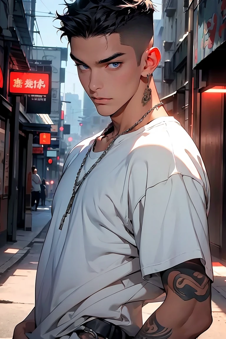Highest quality, 8k, High-resolution images, Anime Style Jujutsu Kaisen, Fine strokes, Slightly tanned skin, Blurred, The purple light reflecting off, (Close Angle), 1 person, young, male, model, かっこいいmale, Muscular, Shaved body, smile, blue eyes, brown very short hair, Brown Hair, short hair, Hairstyle: undercut, I slicked my hair back., my chest is swollen, He is wearing a white T-shirt jacket, Link Chain, Black sweatpants, Hands in pockets, 金のLink Chain. background: city, 大都cityの通り
