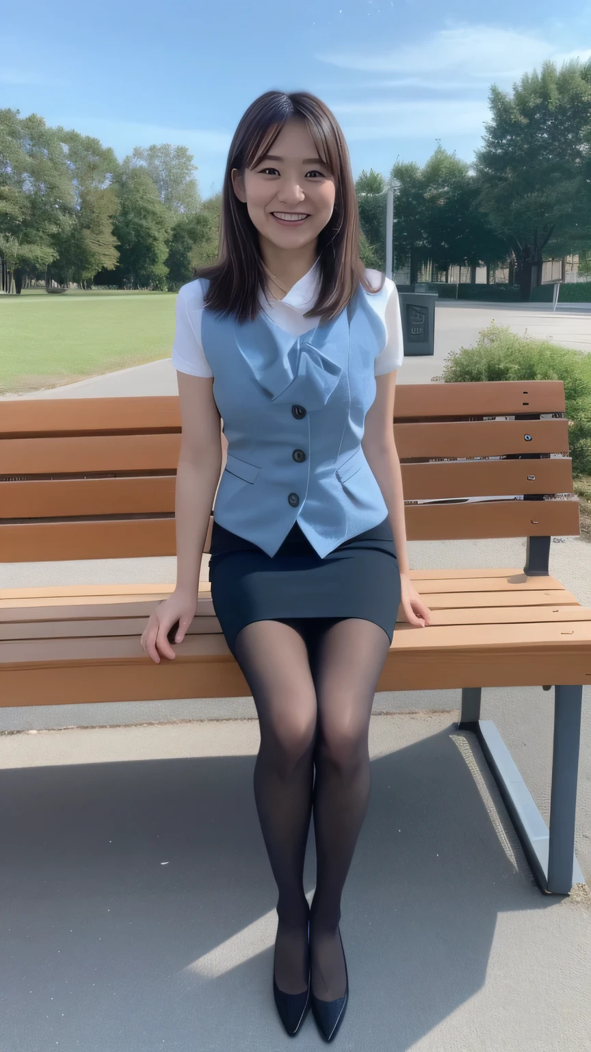 high quality、8k、masterpiece、Ultra-high resolution、Clear photos、Professional Lighting、Natural light、Realistic、Highly detailed skin、Perfect ???????、Beautiful fingers、Beautiful Hands、One Woman、Age 25、Baby Face:1.6、Large Breasts、(Large areola)、Glamour、Bob Hair:1.8、Black Hair、Beautiful Hair、smile、(Squint your eyes and laugh:1.2)、Office Lady、(Black vest)、White T-shirt、(Black tight mini skirt)、(Perfect Pantyhose:1.2)、((Black Pantyhose))、blue sky、((at the park))、Attractive pose、((Full Body Shot:1.5))
