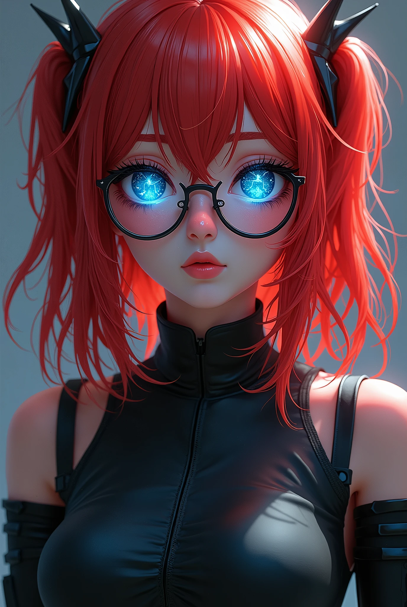 1 girl, wear glasses, star eye, blush, perfect lighting, Red hair, blue colored eyes, big-ass, whole body, body detailed, cyber, Panas, simple background,