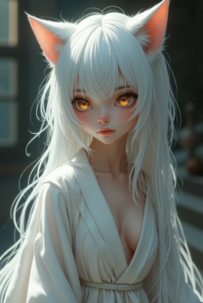 Young white-haired girl with cat ears and amber eyes posing from above with her robe half open on her small  
