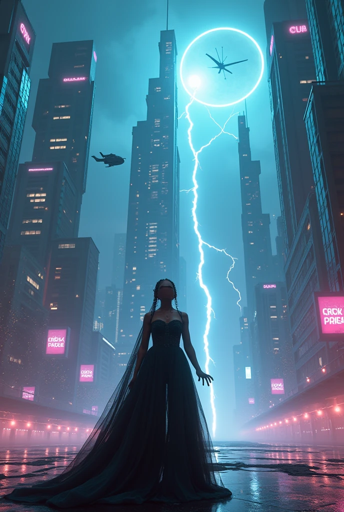 (wide angle view). Singer Lady Gaga in a futuristic Blade Runner-style city, simple tall neon buildings outlined, giant glowing clock tower, Flying cars, helicopter, lightning strike, 3D Rendering Beeple. at night,