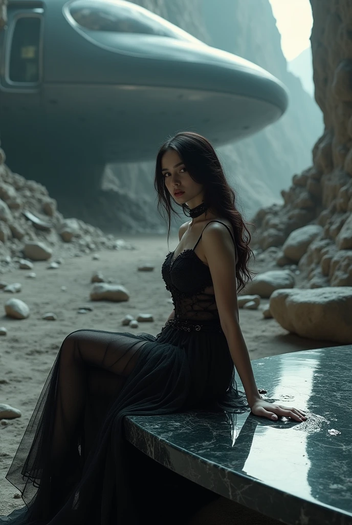 A beautiful gothic girl, beautiful face. Sexy detailed sheer dress. Thin voluptuous exuberant.  Sitting at a shiny dark marble table. Environment: a lunar settlement. Ruins of the lunar civilization. Space module in the background. rocks around.  dim lighting. 1:1 hyperrealistic,  cinematographic,  4K Anatomically correct, The best quality, masterpiece, high quality, 