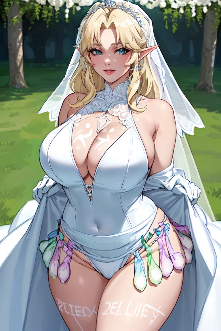 (Best Quality,Unparalleled Masterpiece:1.4),Ultra-Detailed CG 4K,(Ultra-Detailed Clear Absurdly-Vivid Mint Big Eyes:1.2),Gorgeous Round Detailed Face(Voluptuous:1.4)(large Breasts:1.3)(Voluminous Long Blonde Hair: 1.4),ADULT(Bangs, Sidelocks:1.2)Seductive(intricately detailed wedding dress:1.3)(Zelda)(Celestine Lucullus: 1.2)(Solo:1.4)(1Girl: 0.5)(Facing Viewer:1.2)(arms behind back:1.2)(Cowboy Shot:1.2)(from above:1.1),Skindentation(Curvaceous:1.4)(Curvy:1.4)(Bimbo: 1.4)(Normal Waist: 1.2)(Thick Lips: 1.3)small-nose(light smile: 1.2)(Wedding veil)(Wedding outside:1.4)forest, implied cheating, cum on breasts, (condom belt:1.3), cameltoe, (tally bodywriting:1.3), cum on thighs,