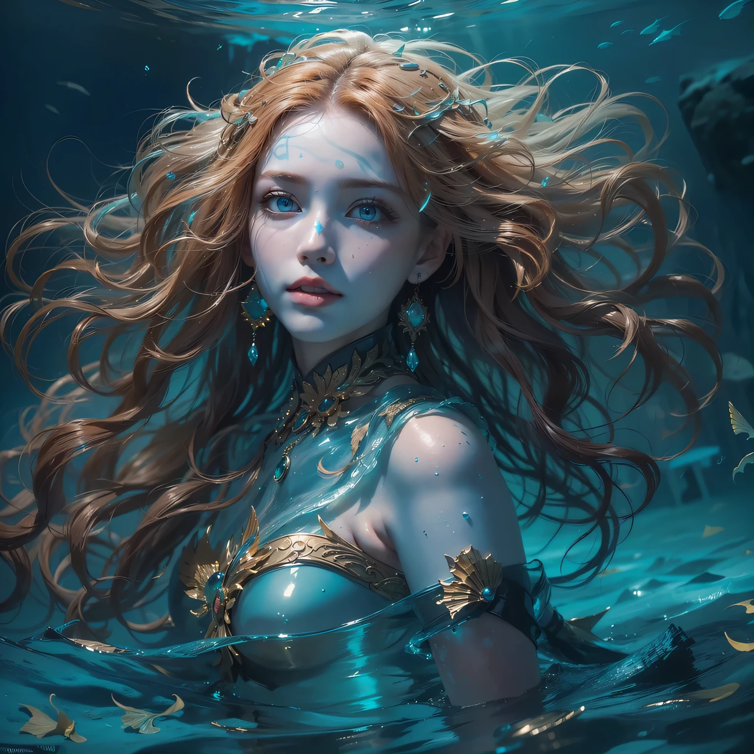 (award-winning masterpiece galore, incredibly detailed, textures and maximum detail), (black beauty), (full body view:1.6), (hyper realistic:1.4), (realistic:1.3), (upper body close-up:0.4), (top quality realistic textured skin), (((underwater))), (deep sea:1 .5), (Dark sea at night:1.6)), (Detailed true circle symmetrical eye-catching exquisite face, ((medieval world)), (Full body view:1.6), ((Mermaid)), ((Mermaid princesermaid nobility)), (eyes burning bright and icy)), (She has a naughty smile on her face sunken ship with treasure:1.4), (sunken ship with treasure:1.4), A temple sunken in a coral reef, ancient sunken city, sunken temple, sunken cathedral, sunken temple ruins, sunken detached temple, sunken ruins of an ancient castle, shining majestic water and light, coral reef, (eyes glowing blue in the dark:1.5), (a pair of ice blue eyes with a strong inner blue (pair of ice blue eyes with intense inner blue light:1.5), (bioluminescence:1.5), (full-length view:1.6), (swirling currents and tides in background), (dramatic light), (magnificent scene), (her expression is gentle and beautiful), glass earrings in her ears, (dramatic photo:1.4), ((dramatic pose)), ( gorgeous photo), (beautiful hair:1.8), (full-length view:1.6), ((looking up)), ((looking down)), (elaborate fine necklace around her neck), (brilliant glowing bioluminescence:1.3), (flashy hydromagic use:1.2), (beautiful fish around ), (glowing magic circle:1.5), (full body view:1.6), epic realistic, faded, art, (greg latkowski:0.8), (teal and orange:0.4), (art station:1.5), cinematic, ((neutral colors)), (HDR:1.5), (muted colors:1.2), highly very detailed, dramatic light, (Intricate details:1.1), complex backgrounds, (Intricate details:1.1), (Intricate details:1.1), complex backgrounds