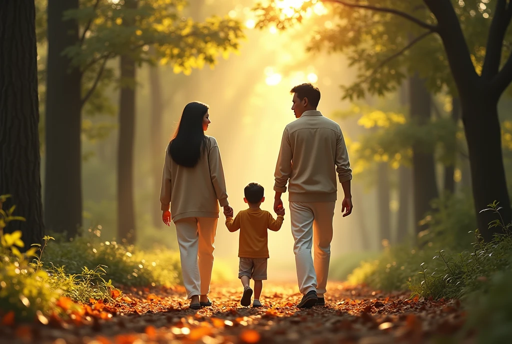 High Resolution, Masterpiece, Accurate, Best Quality, Detail, High Details, High Quality. A 2 Indonesian wife, long dark hair, white skin, height: 155 cm, weight: 45 kg. A 30 year old indonesian husband, short dark hair, white skin, height: 160 cm, weight: 55 kg. A boy with short hair, white skin, height: 95 cm, weight: 13 kg. The image shows a young family of three walking in a forest. The family consists of a mother, father, and their young son. The mother is on the left side of the image, wearing a beige cardigan and white pants, and the father is in the middle. The son is in front of them, holding hands with the mother and father. They are all smiling and looking at the camera. The background is filled with tall trees and the ground is covered in fallen leaves. The sun is shining through the trees, creating a warm glow on the family.