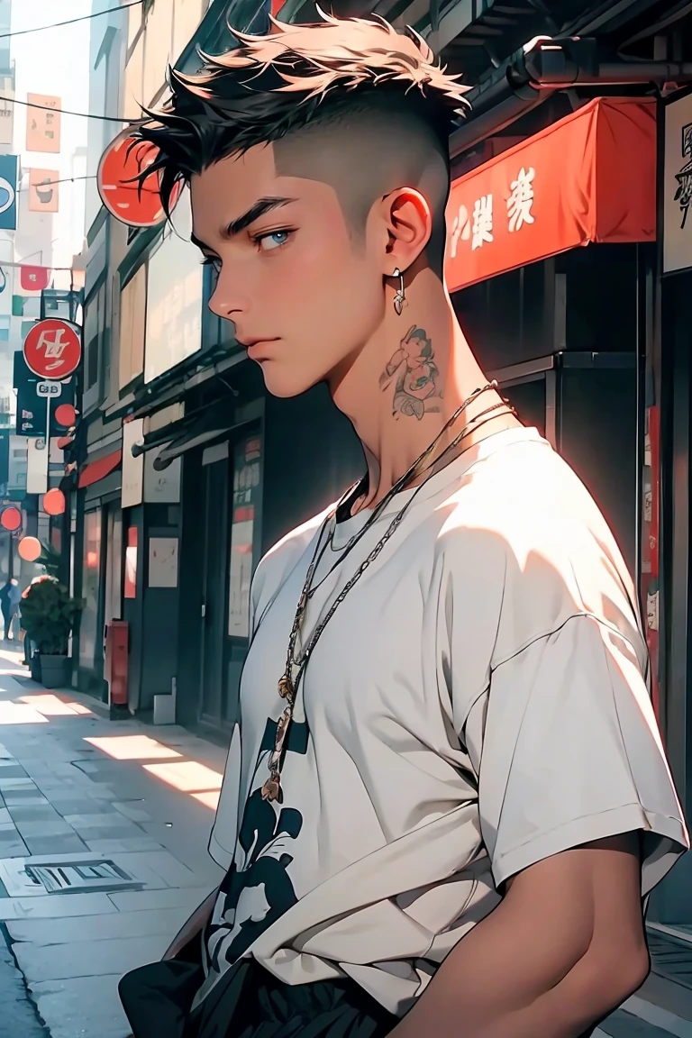 Highest quality, 8k, High-resolution images, Anime Style Jujutsu Kaisen, Fine strokes, Slightly tanned skin, Blurred, The purple light reflecting off, (Close Angle), 1 person, young, male, model, かっこいいmale, Muscular, Shaved body, smile, profile, View from the side, blue eyes, brown very short hair, Brown Hair, short hair, Hairstyle: undercut, I slicked my hair back., my chest is swollen, He is wearing a white T-shirt jacket, Link Chain, Black sweatpants, Hands in pockets, 金のLink Chain. background: city, 大都cityの通り