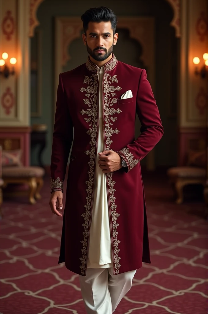 A man with dark maroon jodhpuri coat and white kurta pant