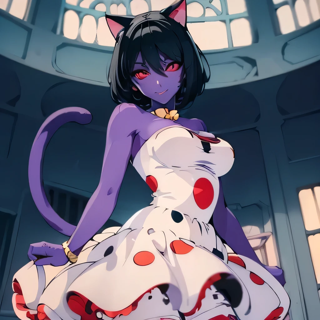  ((masterpiece,best quality,ultra-delicate,Perfect Face,16k,high resolution,very beautiful girl)), purple skin, cat ears, cat tail, 
polka dots pattern white strapless dress, polka dots pattern white tights, black short hair, red eyes,  large breasts, cute smile,cowboy shot