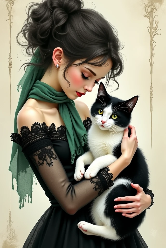 painting of a cute woman in a black and white gothic victorian style crochet dress and green scarf embrace like a baby a black and white cat, by Fernand Toussaint, tumblr, woman and cat, in a painting of a cat, white ( cat ) girl, portrait of a white cat, holding a cat, art of edouard bisson, (steampunk), (steampunk), sketchy ink work, (pop art style)