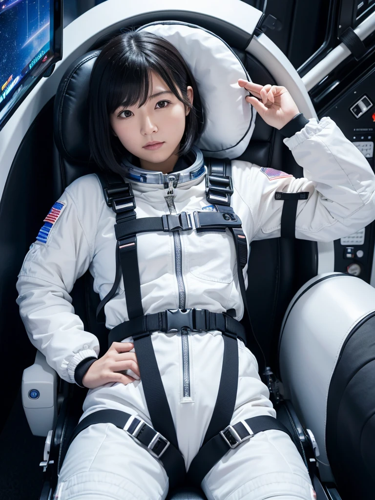 Japanese female astronaut,Black Hair,Space capsule,The person is completely secured in the seat with the backrest reclined by a thick harness belt.,Plump,Spread your legs,Squat,Shiny white robot suit,Surrounded by switches and monitors,