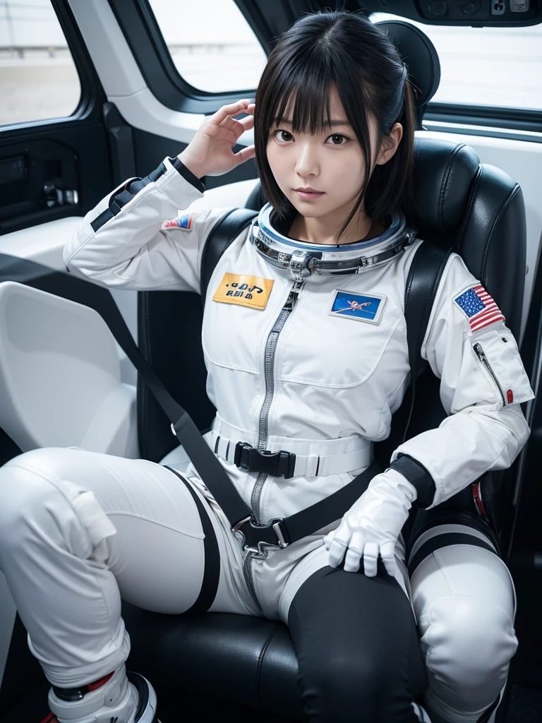 Japanese female astronaut,Black Hair,Space capsule,The person is completely secured in the seat with the backrest reclined by a thick harness belt.,Plump,Spread your legs,Squat,Shiny white robot suit,Surrounded by switches and monitors,