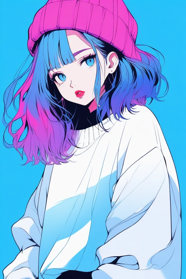 ilustrador, Japanese cartoons , Practical ,sketch , 1 girl, ,lips, sweater,Order, Blue gradient background, Neon hair,Texture decoration, Canada, (masterpiece,best quality) glycerin