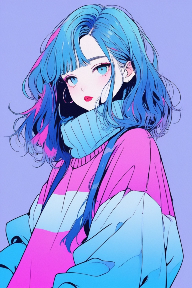 ilustrador, Japanese cartoons , Practical ,sketch , 1 girl, ,lips, sweater,Order, Blue gradient background, Neon hair,Texture decoration, Canada, (masterpiece,best quality) glycerin